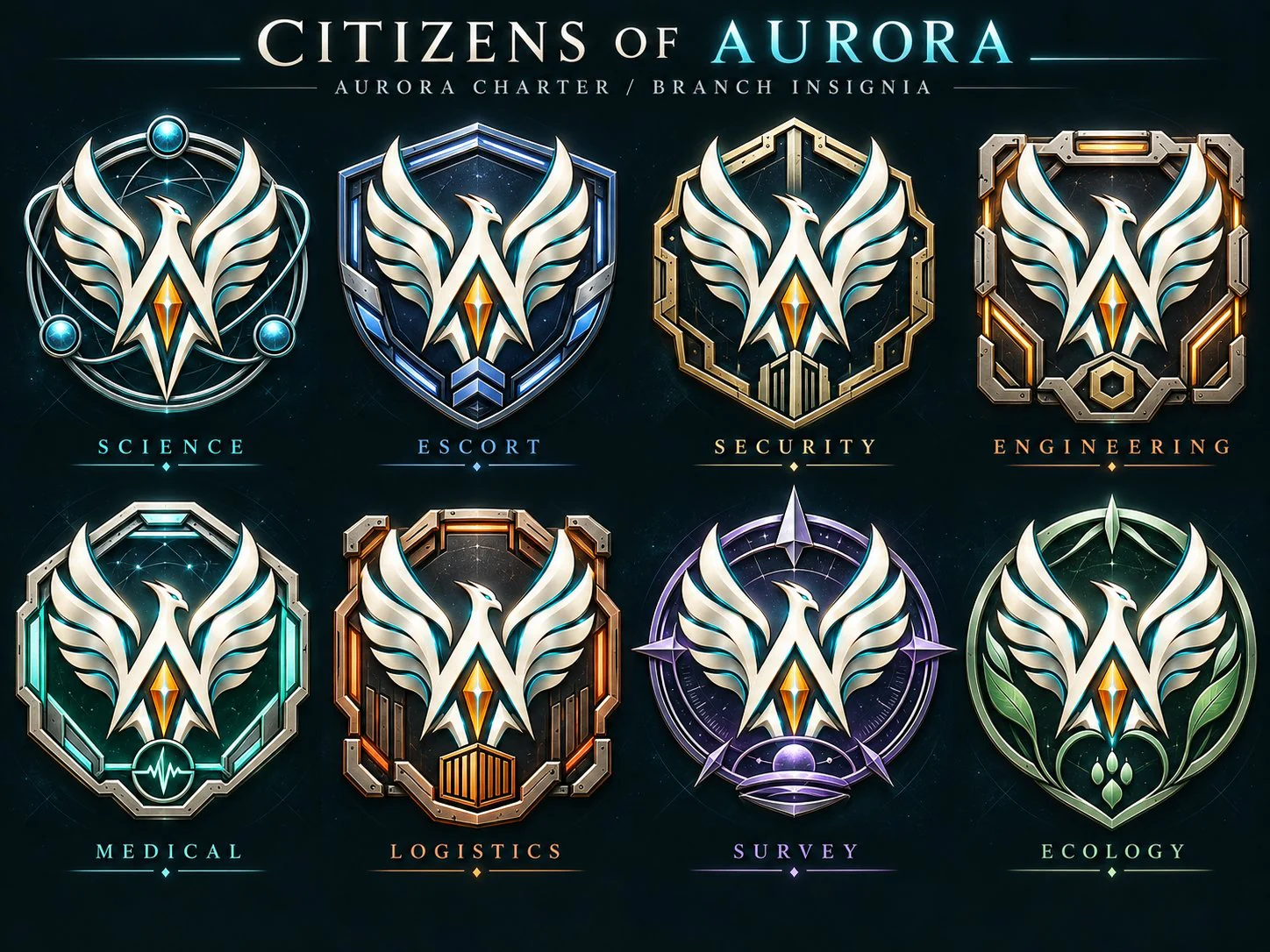 Citizens of Aurora shared Phoenix A insignia in eight branch treatments: Science, Escort, Security, Engineering, Medical, Logistics, Survey and Ecology