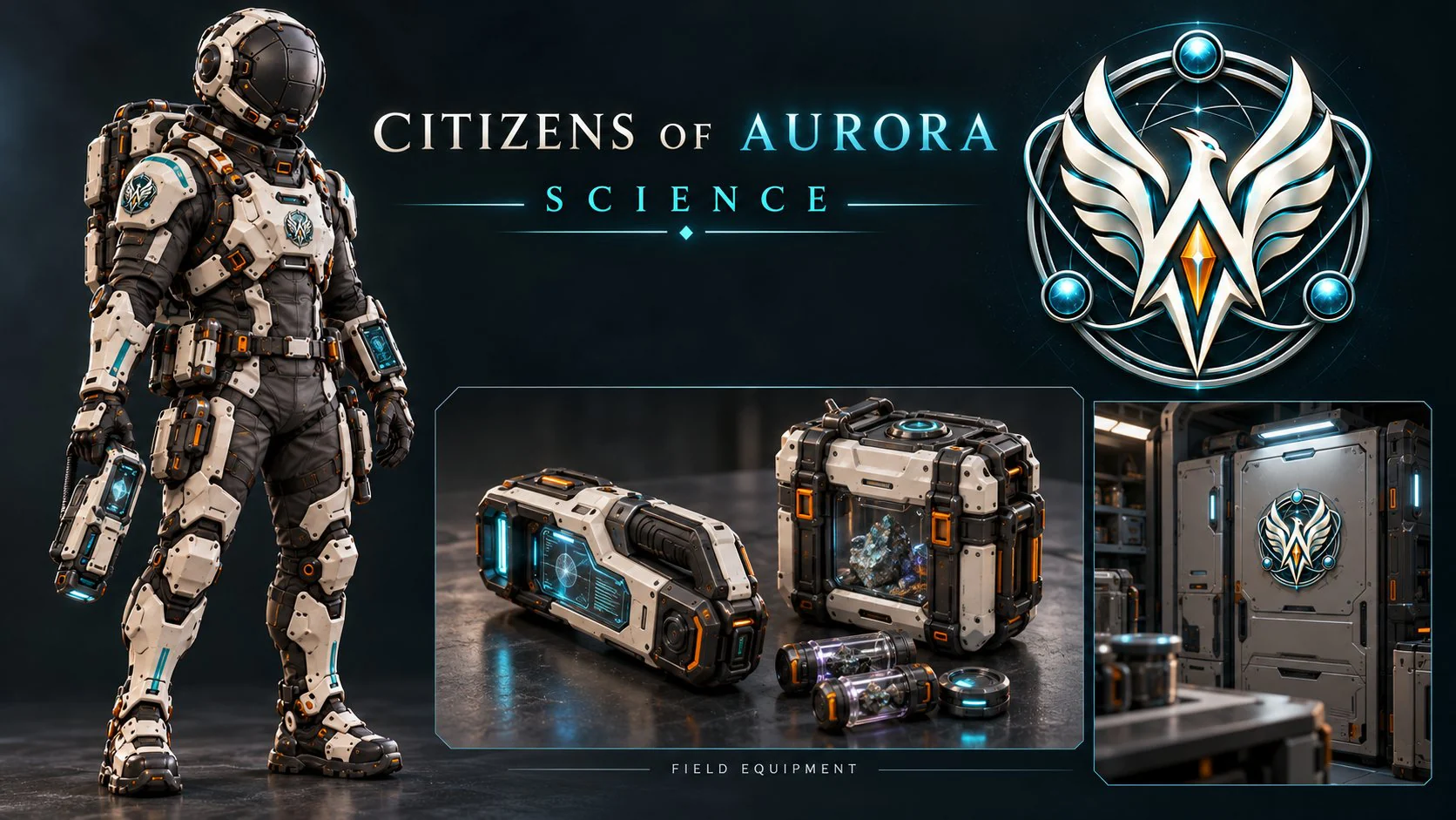 Science and Rift Research application study showing Aurora suit, scientific field equipment and Phoenix A facility insignia